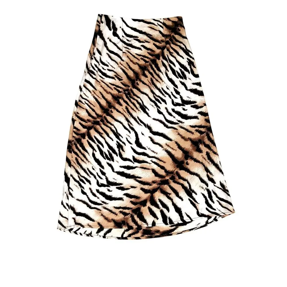 Satin Tiger Animal Print Midi Skirt A-Line 2010s Revival Y2K Street Style EUC
